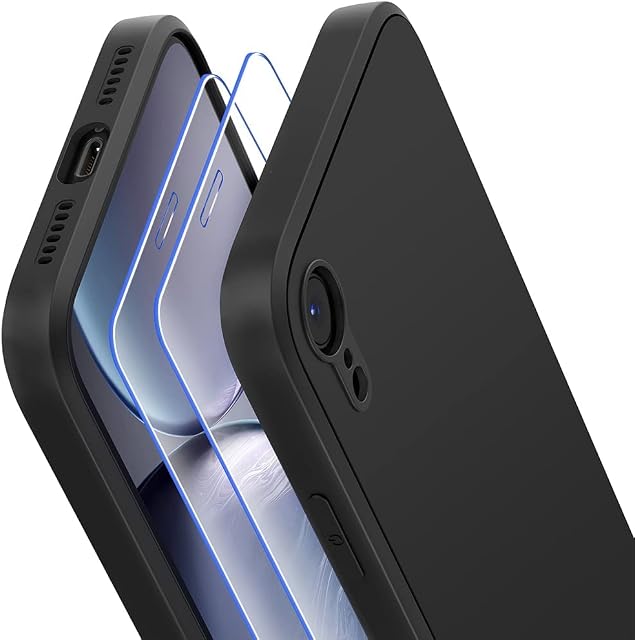 Losvick Case Compatible with iPhone XR with 2x Tempered Glass Screen Protector, Liquid Silicone iPhone XR Case TPU Slim Soft Shockproof Bumper Phone Case Cover for iPhone XR - 6.1 inch - Black