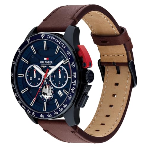Image of Tommy Hilfiger Bank with Blue Dial Brown Leather Strap Watch for Men - TH1792268