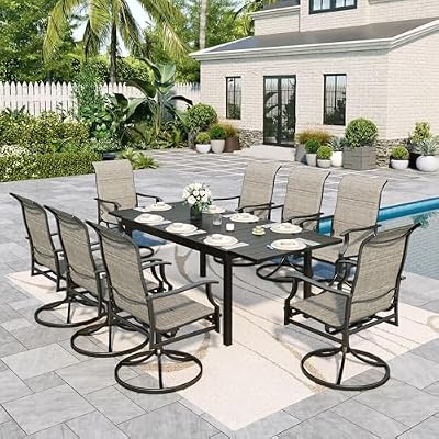 Sophia & William Patio Dining Set 9 Pieces Outdoor Metal Furniture Set, 8 x Patio Dining Swivel Chairs Padded Textilene with 1 Expandable 6-8 Person Metal Table for Lawn Garden