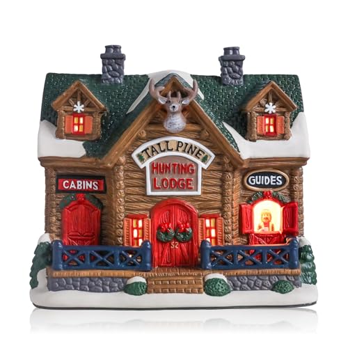 DREAM GARDEN Christmas Village House, Ceramic Hunting Lodge with LED