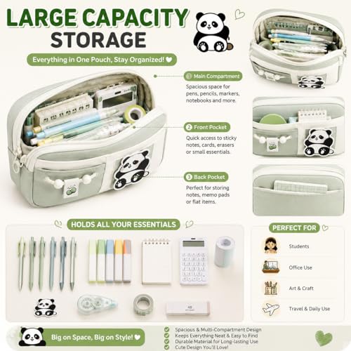 Image of Kawaii Cute Aesthetic Pencil Case for Girls & Boys | 3 Layer 6 Compartment Large Capacity Pencil Pouch with Zipper | Cartoon Stationery Organizer Bag for Students & Kids (Green)