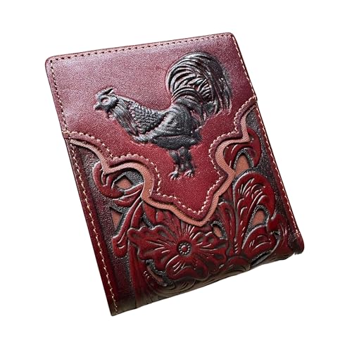 Western Leather Wallet for Men – Embossed Rooster Design with Laser Cut Floral Pattern – Bifold Cowboy Style