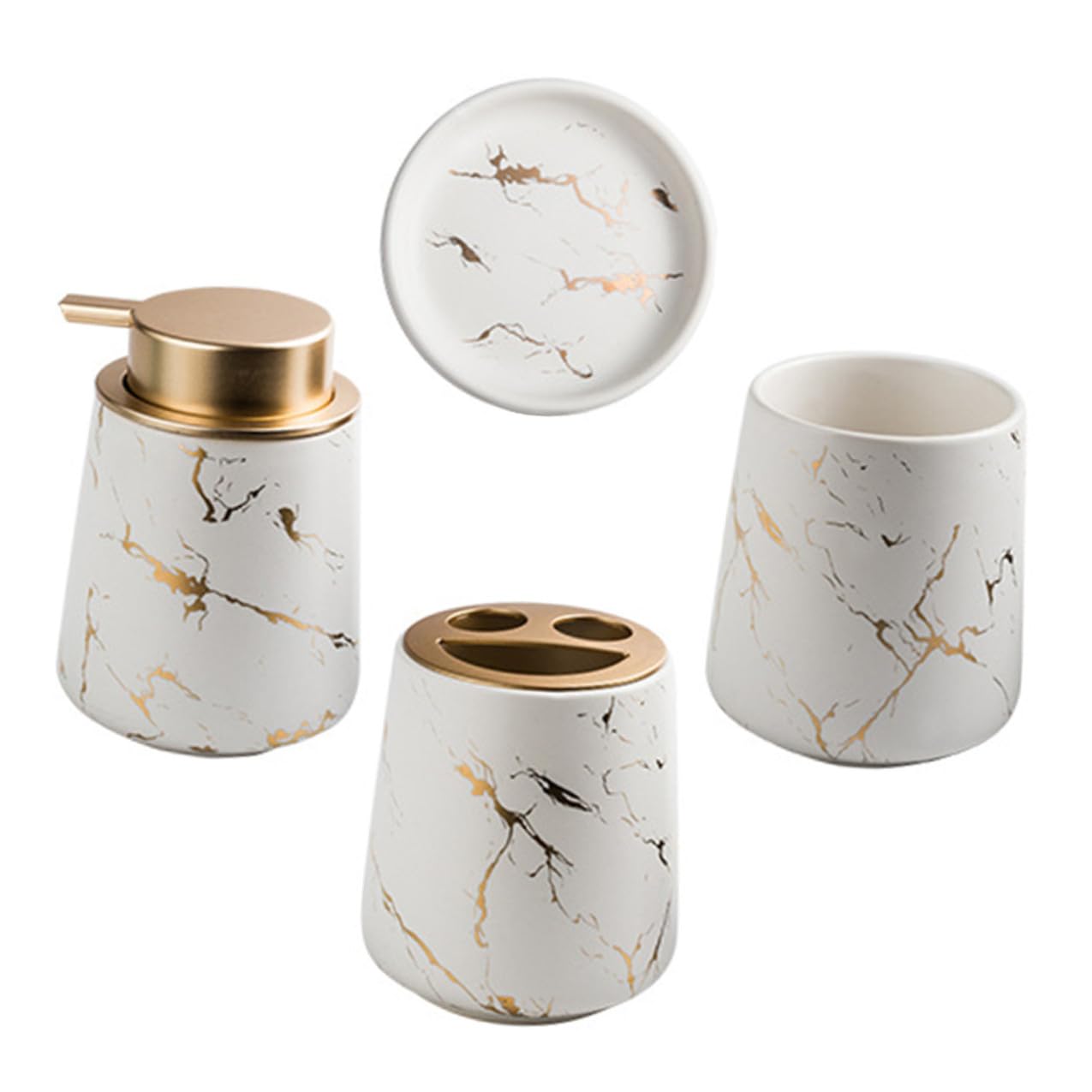DOITOOL Juego de Recipientes de Cerámica para Baño 4 Piezas Mate Diseño Mármol Incluye Porta Cepillos de Dientes Vaso para Enjuague Bucal Jabonera y Frasco para Loción Adecuado