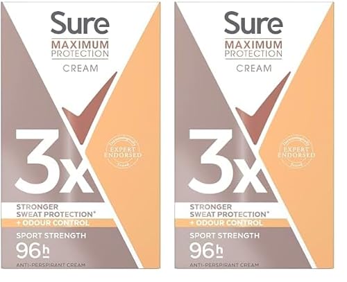 Sure Maximum Protection Sport Strength Anti-Perspirant Cream Stick - 96-hour Deodorant for 3x Stronger Sweat Protection, 45 ml (Pack of 2)