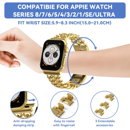 Image of Gold Watch Bands for Women Compatible with Apple Watch Band 38mm 40mm 41mm 42mm 44mm 45mm 46mm 49mm Adjustable Metal Band Cowboy Steel Chain Bracelet for iWatch Series1 /2 /3 /4 /5 /6 /7 /8 /9 /10 /11 /SE