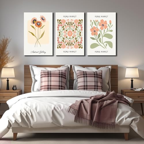 Image of SKYRISE 3 PCS Boho Floral Canvas Wall Art, Rustic Botanical Canvas Paintings Prints ArtWork for Living Room, Vintage Flower Pictures for Farmhouse Dining Room Hallway Bedroom Wall Decor 24 inchx36 inch