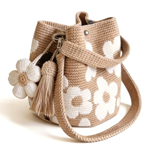 Handmade Crochet Flower Tote Bag for Women Purse Boho Crochet Purse Crossbody Shoulder Beach Bag Daily Use Summer Woven (White)