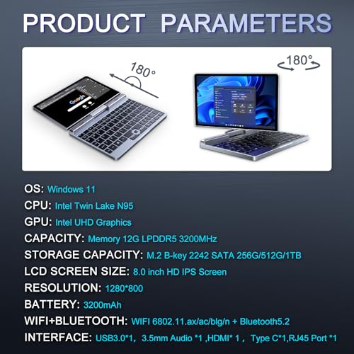Image of Mini Laptop 8 inch 2-in-1, Laptop Computer Win 11, Intel N95(up to 3.4GHz), 12GB RAM 1TB SSD, Touchscreen HD, Backlit Keyboard, Wi-Fi 6, USB-C, Lightweight Portable PC for Work /Kids /School