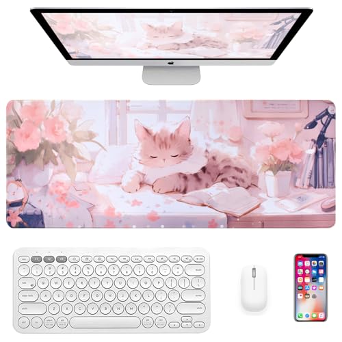 Tapis de Clavier de Jeu Animé Grand, Gaming Tapis de Souris avec Base Antidérapante, Sous-main avec Joli Motif de Chaton, Tapis de bureau Anime pour Jeux,...