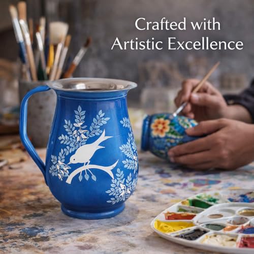 Image of iHandikart Handpainted Stainless Steel Water Jug| Decorative Steel Pitcher for Water, Juice & Milk | Floral Design Serving Jug for Kitchen, Dining & Home Decor | 8 x 6 Inch Multicolor