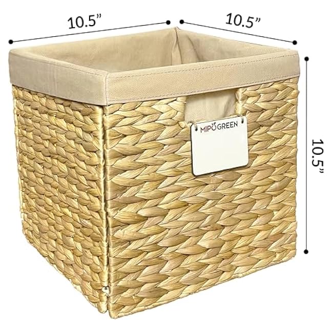 Foldable Storage Cubes - Set of 4 Water Hyacinth Baskets, 10.5 x 10.5 x 10.5 Inches, Wicker Bins for Shelf, Closet, Laundry