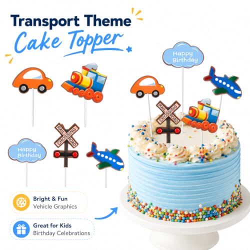 Image of Wanna Party Transport Theme Cake Topper Set - 5PC Happy Birthday Cake Decoration with Car, Train, Airplane, Railway Crossing & Cloud Topper for Kids Birthday Party, Vehicle Theme Cake Decor