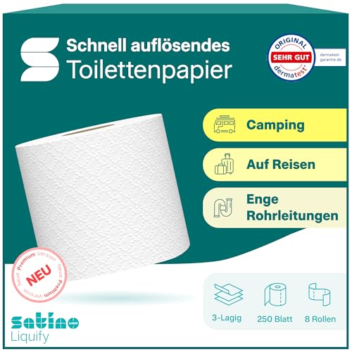 Satino Liquify - Premium Camping Toilettenpapier 3-lagig genauso schnellauflösend wie sein Vorgänger 3 Lagen für noch mehr Komfort im Wohnmobil - Made in Germany - 8 Rollen á 250 Blatt
