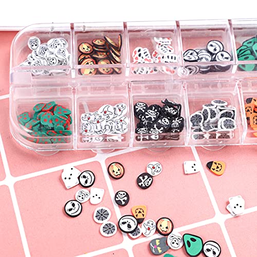 Kitbe 12 Grids Halloween Nail Art Slices 3D Ghost Pumpkin Skull Cute Cartoon Charms For Women Kids Manicure Decors Stickers Designs Fruit Fimo Decals Acrylic Decoration Kit #TOP7