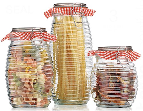 Set of 3 Glass Beehive Design Canister Jars with Red Gingham Fabric and Locking Clamp Tight Lids - Food Storage Containers