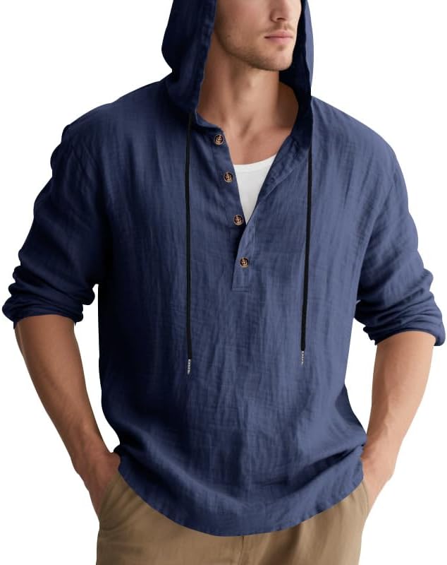 LIZALIG Men's Cotton-Linen Sweatshirt 1/2 Button Hooded Solid Color Casual Sweatshirts for Vacation and Daily Wear - Image 3