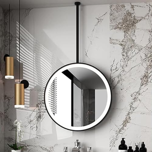 Round LED Mirror for Ceiling Mounted Hanging Rod Bathroom Mirror, Large Vanity Make-up Circle Mirror with Black Gold Metal Frame(Black,Diameter-50CM/19.7INCH)
