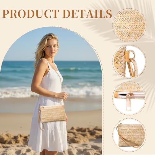 Larcenciel Straw Clutch Purses for Women w/Wrist Strap, Beige Woven Beach Purse & Chain Zipper, Boho Evening Wristlet Wallet, Summer Shoulder Crossbody Bag for Wedding Prom Vacation 22x1x14.5cm - 3