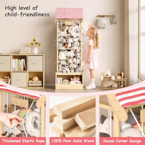 Image of Stuffed Animal Storage, Wooden Stuffed Animal Zoo with Toy Box and Triangular Ceilings, Vertical Stuffed Animal Holder with Thicker Elastic Band, Plushies Storage for Playroom, Nursery, Bedroom