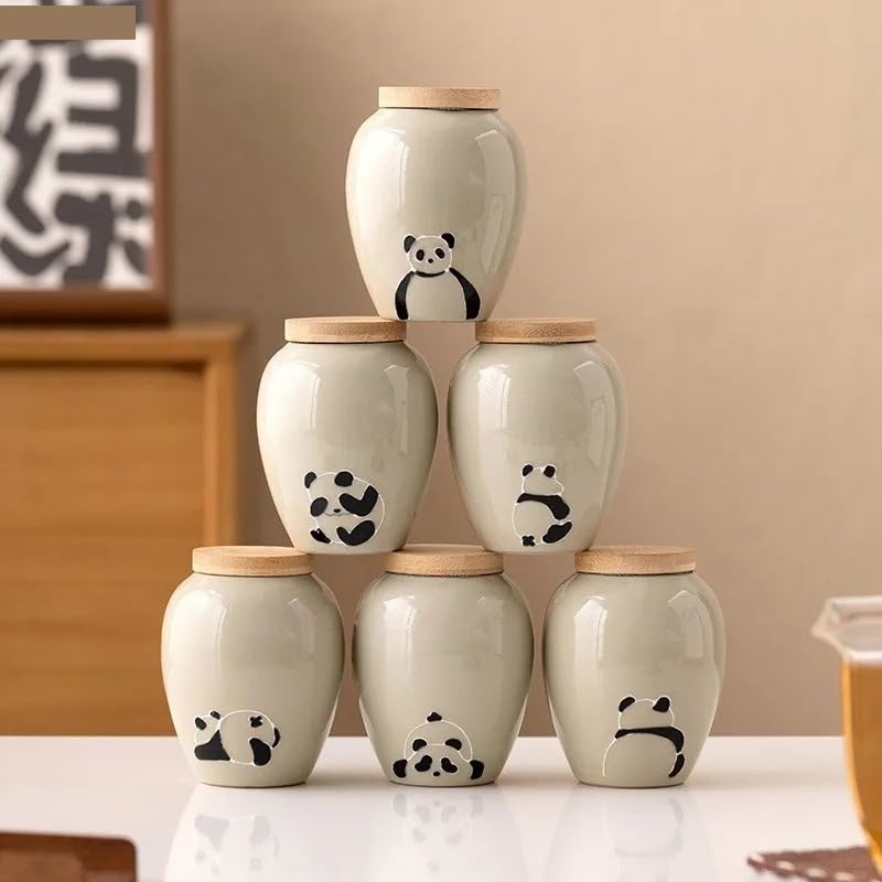 Caja de té Sellada Lata de té de cerámica Panda, cubierta de madera, carrito de té, tanque sellado, tanque de almacenamiento, organizador de té, caja de almacenamiento, contenedor de té, tarro de té T