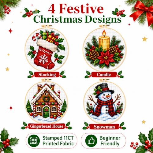 Image of Zhenqing 4 Christmas Cross Stitch Kit, 11CT Printed Fabric, Hoop & Tools | 4 Christmas designs with 11CT printed fabric, extra floss, one hoop, tools and English guides for beginners.