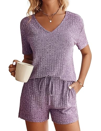 Image of Ekouaer Womens Ribbed Knit Lounge Set Short Sleeve Top and Shorts Sleepwear Pajama Set Two Piece Shorts Outfits Set