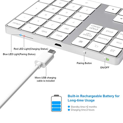 Cateck Bluetooth Numeric Keypad, Aluminum Wireless Bluetooth 34-Key Number pad with Multiple Shortcuts for Computer Laptop Windows Surface Pro Apple iMac iPad Android Tablet Smartphone- Silver - Thumbnail 2