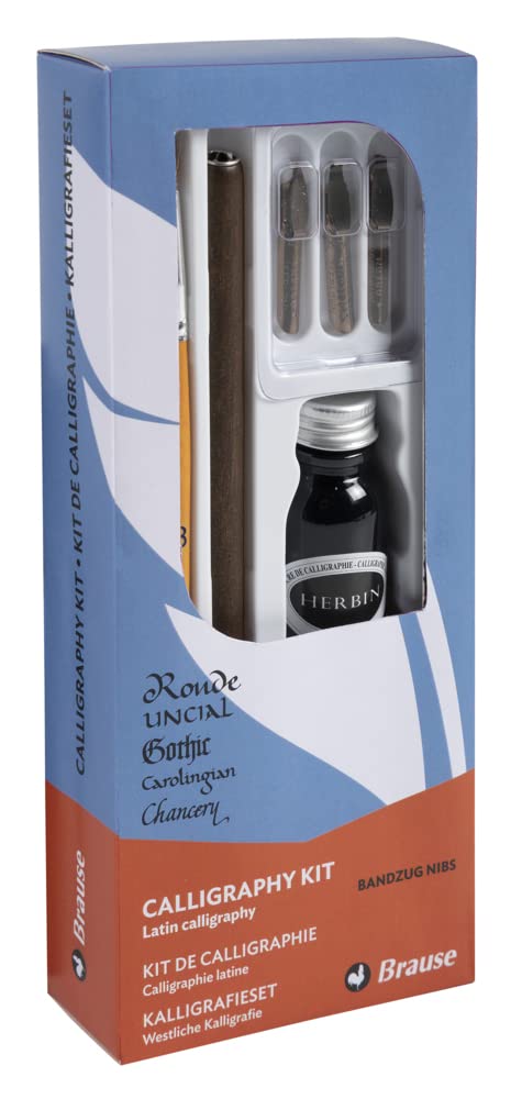Brause 147B - A calligraphy kit including 3 Bandzug nibs (1.5mm, 2.5mm and 3mm), a wooden nib holder, a brush, a bottle of black ink and instructions.