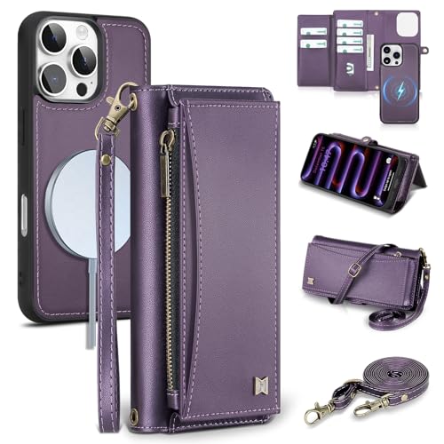 BLISLIAR Wallet Case for iPhone 16 Pro Max with Card Holder/Crossbody Wallet/Strap| RFID Blocking | Magnetic | Kickstand | Detachable | PU Leather Phone Case for iPhone 16 Pro Max 6.9 in Purple
