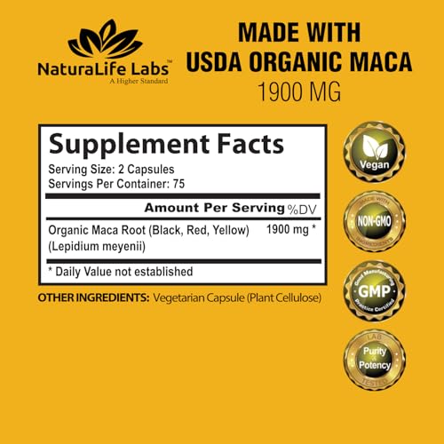 Organic Maca Root Black, Red, Yellow 1900 MG per Serving - 150 Vegan Capsules Peruvian Maca Root Gelatinized 100% Pure Non-GMO Supports Reproductive Health Natural Energizer - Image 3
