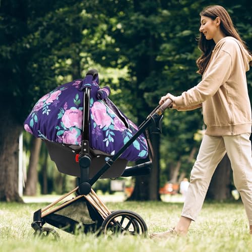 Image of Windproof Baby Car Seat Cover, 3D Mink Dot Infant Car Seat Canopy with Breathable Mesh Window, Baby Carrier Cover for All Seasons, Easy Access Carseat Carrier Snug Fit Infant Stroller(Purple Flower)