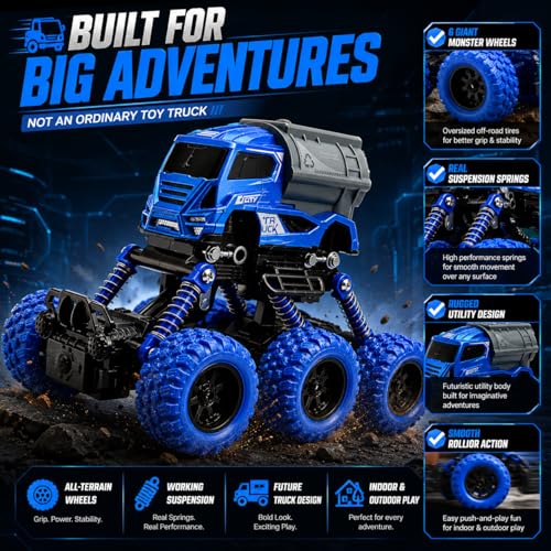 Image of Die Cast Monster Truck Toy for Kids | Heavy Duty Vehicle with Big Wheels | Strong Metal and ABS Plastics Build | Action Packed Push Play Truck | Gift Choice Blue Colour