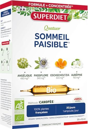 SUPERDIET- QUATUOR SOMMEIL PAISIBLE BIO - Passiflore, Eschscholtzia, Aubépine, Angélique - Fabrication Française - 20 ampoules de 10 ml