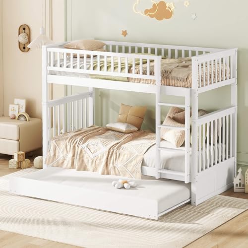 HYUB Cama infantil, litera de 90 x 200 cm, con cama nido y somier, cama alta con protección anticaída y escalera, para niños y niñas, marco de cama de madera maciza estable, sin colchón, color blanco