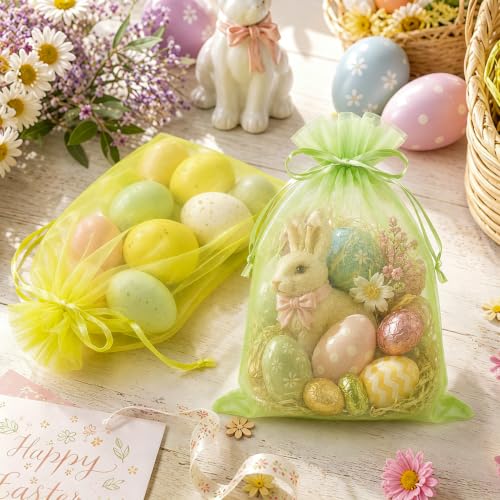 Image of FUNFERY 100PCS Lemon Yellow Sheer Organza Bags 3x4 in, Goodie Bags Bulk | Small Mesh Gift Bag with Drawstring for Wedding Party Favor, Drawstring Pouch for Jewelry, Sachet Bags for Treat, Candy, Soap