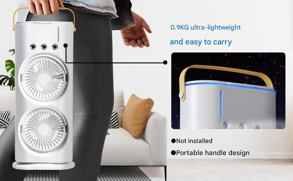 Image of 4000MaH DoUbLe EnDeD SpRaY FaN, CoLd AiR, 2025 NeW 3 GeArS UsB ReChArGeAbLe OsCiLlAtInG OnE WiTh LeD LiGhT CoOlEr, ToUcH & ReMoTe CoNtRoL, 280Ml WaTeR TaNk, IcE FiLlInG