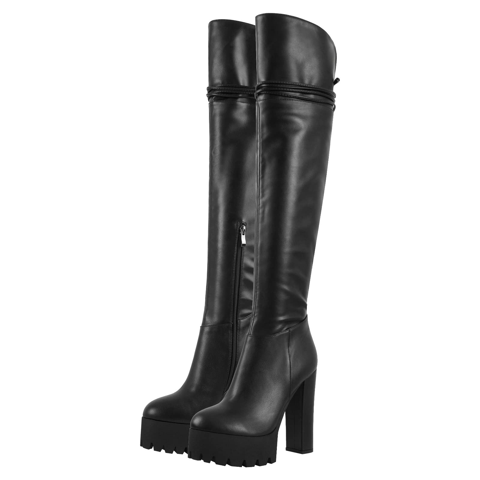 Only maker Damen Overknee Stiefel Schnürstiefel Plateau Blockabsatz High Heels Boots