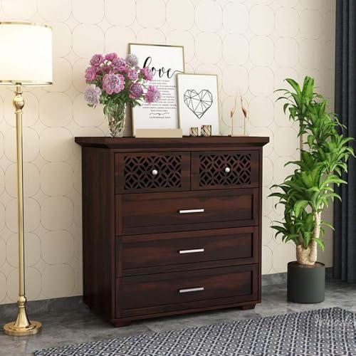 Image of Solid Sheesham Wood Wooden Chest of Drawers with 5 Drawer Storage for Your Stylish Living Room & Bedroom Storage (Ronald)
