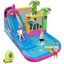 HONEY JOY Inflatable Water Slide, Giant Water Bounce House Park w/Climbing Wall & Splash Pool, Outdoor Blow up Water Slides Inflatables for Kids and Adults Backyardwith 735w Blower