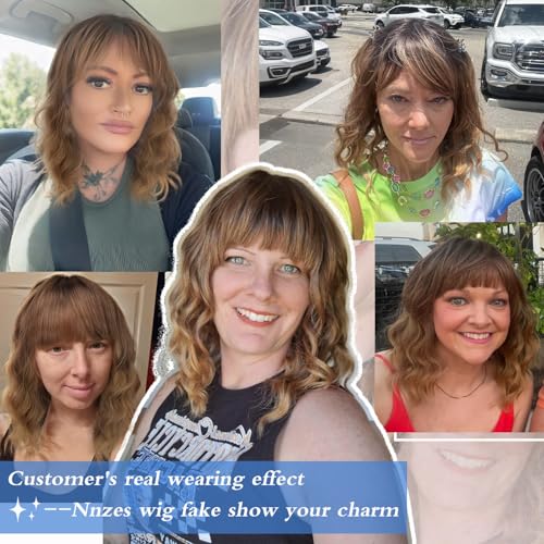 Image of Nnzes Short Wavy Bob Wig with Bangs for Women Shoulder Length Curly Ombre Brown Blonde Synthetic Heat-Resistant Fiber Hair for Daily & Party Use