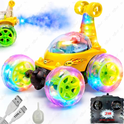 Image of toyco Rechargeable 360 RC Stunt Car for Kids | 5 Modes with Smoke & LED Lights | Dual-Side Rotating Remote Control Car | 2.4GHz Long Range (75+ Ft) | Off-Road Stunt Toy for Boys Girls 3-10 (Yellow)