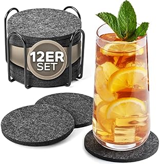 Loco Bird Felt Coasters Round for Glasses Set of 12 Including Holder Design Glass Coasters in Dark Grey for Drinks, Cups, Bar, Glass Table Coasters Felt Coasters