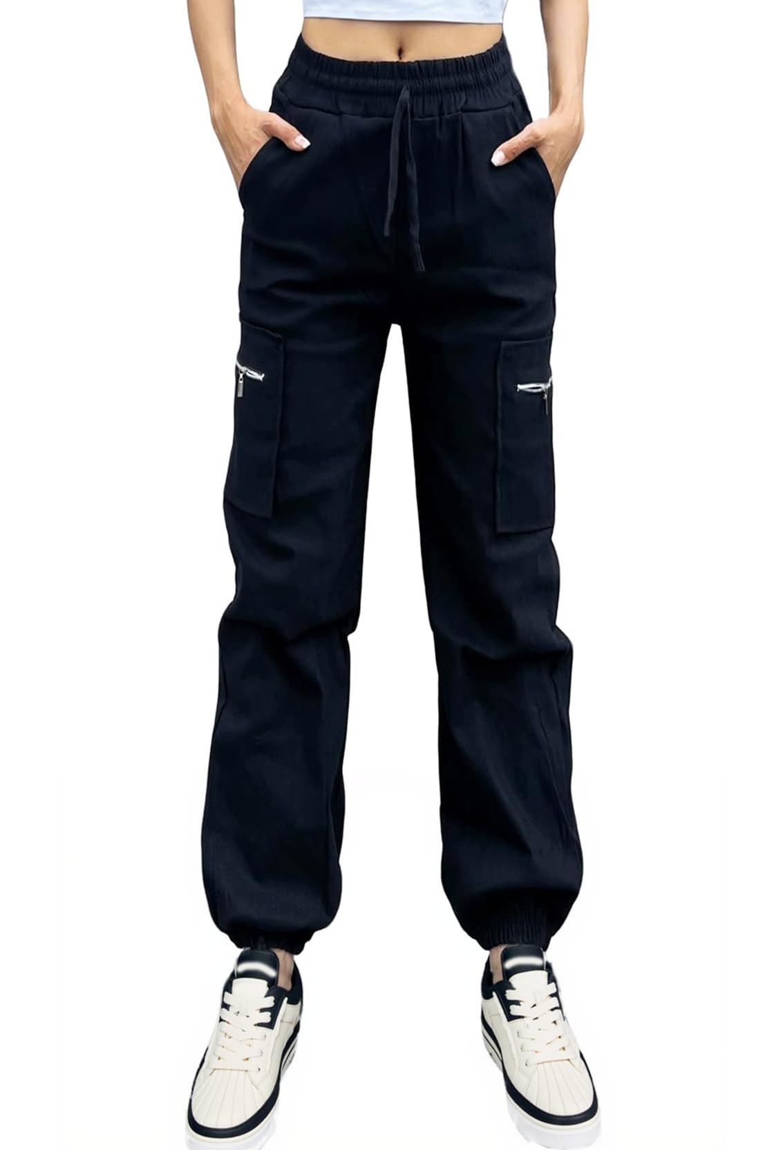Nuofengkudu Tobilleros Pantalones Cargo Mujer 4 Bolsillos Elasticos Cintura Alta Joggers Harem Pantalon Deportivos Sueltos Casual Comodos Jogging Sweatpants Moda Punk