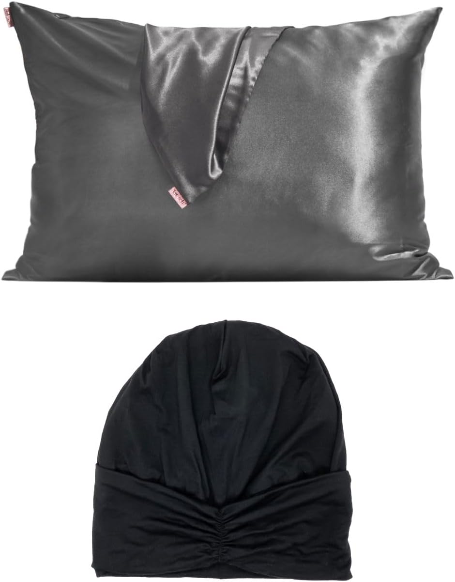 Kitsch Satin Pillowcase (Standard, Charcoal) & Satin Lined Beanie with Discount