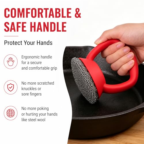 Image of Cast Iron Scrubber with Heavy Duty Handle, Cast Iron Cleaner Chainmail Cleaning Brush,Metal Chain Mail Scrubbing Pad Tool to Clean Grill,Skillet,Frying Pan, Wok,Dutch Oven, Safe Steel Scrubber Sponge