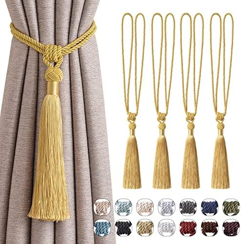 Pretty Jolly 2 Pack Long Tassel Curtain Tiebacks Handmade Braided Rope Knot Drape Tie Backs European Style Decorative Curtain Holdbacks for Home & Office Window Drapery (Black)
