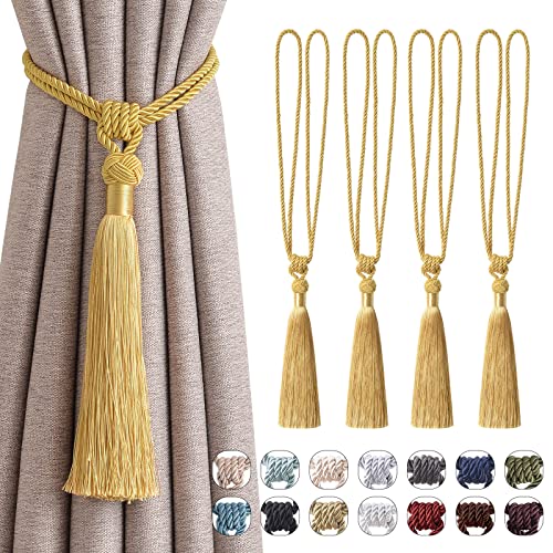 Pretty Jolly 4 Pack Long Tassel Curtain Tiebacks Handmade Braided Rope Knot Drape Tie Backs European Style Decorative Curtain Holdbacks for Home & Office Window Drapery (Yellow)