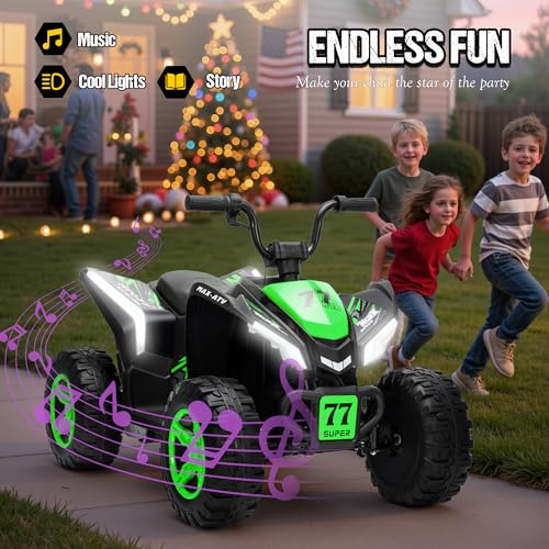 Image of Kids ATV 4 Wheeler, Two Seater 24V Ride On Toy for Big Kid w /Unique LED Light, Music, Wireless, Story, 24 Volt Ride on Car Electric Quad for Boys Girls (Green)