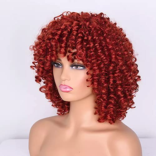 Colorfulpanda Curly Afro Wig for Black Women Natural High Heat Synthetic Hair wigs with Fringe Short Kinky Curly Full Wig Cosplay Party Daily Wear,Golden Red - Image 3