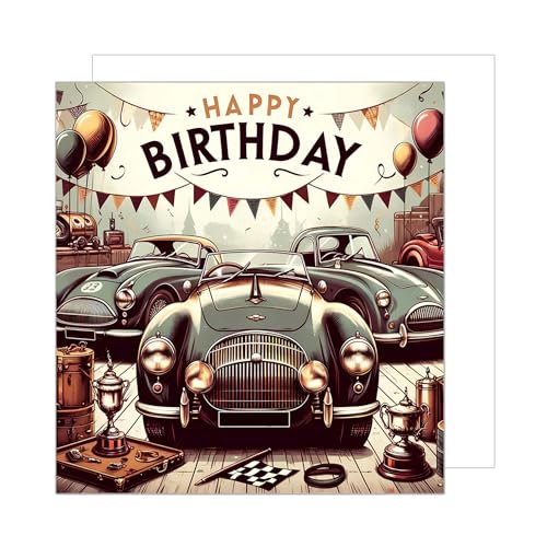 Edition Seidel Tarjeta de cumpleaños cuadrada Premium con sobre. Tarjeta de felicitación de feliz cumpleaños para hombre, padre, hijo, abuelo, amigo, coche clásico (GQ272 SW024)